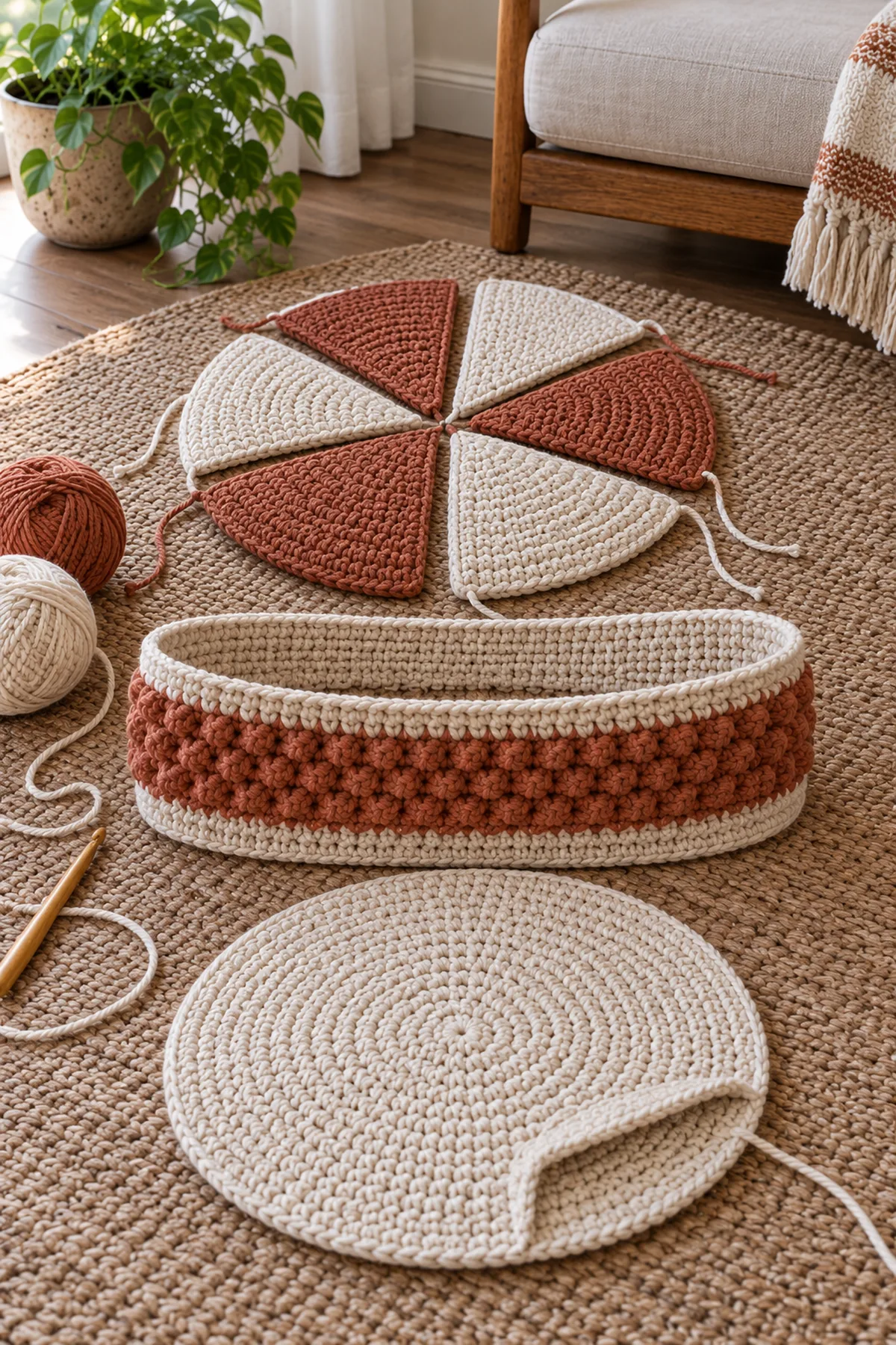 Six separate triangular crochet petal wedges arranged tip to center beside a 90-stitch textured cylindrical pouf side before joining