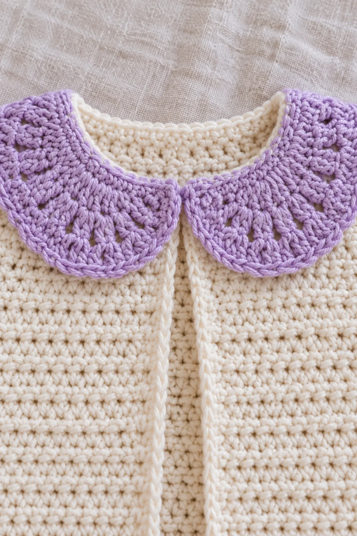 Close-up of securely sewn lavender two-piece fan collar meeting at the back neck, visible cream hdc and tidy attachment stitches.