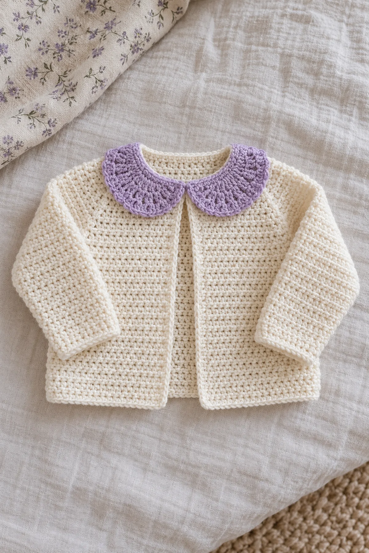 Cream open baby cardigan with two small, softly fanned lavender Peter Pan collar leaves meeting neatly at the neckline; plain hdc body, long sleeves, no ties or buttons, whole garment flat-lay.