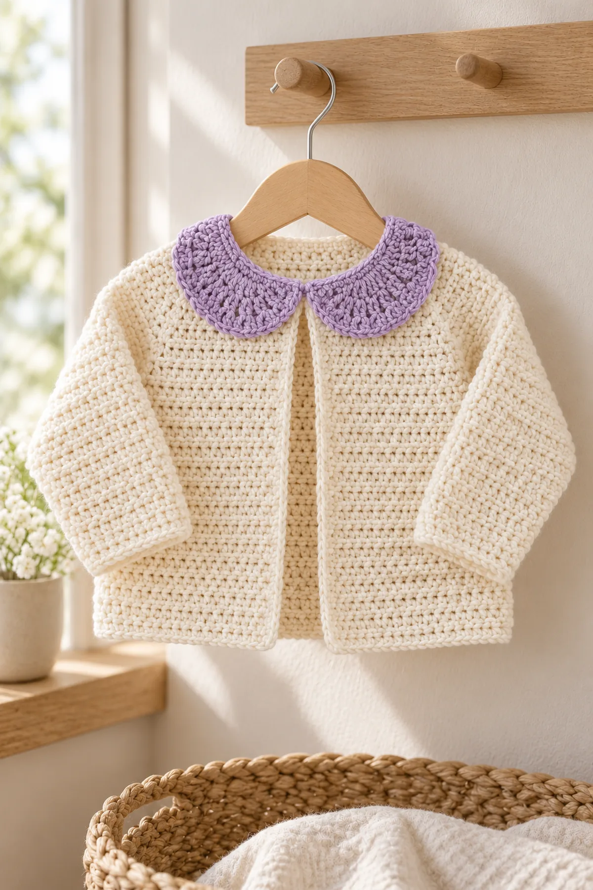 Finished cream cardigan with lavender fan collar displayed on a small wooden hanger in soft daylight, no child, ties or accessories.