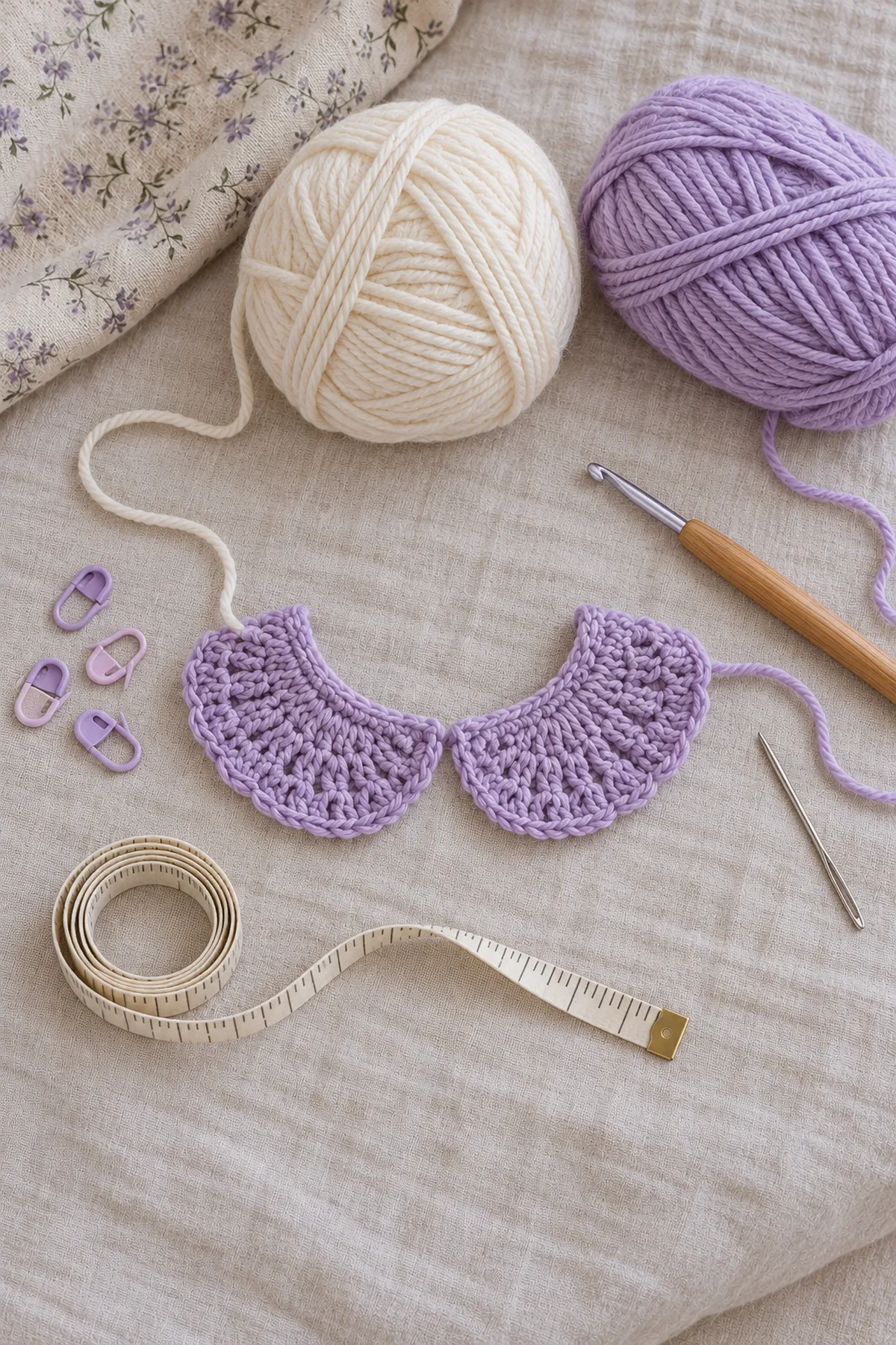 Cream and lavender washable DK yarn, hook, needle, markers and measuring tape on neutral linen; no garment.