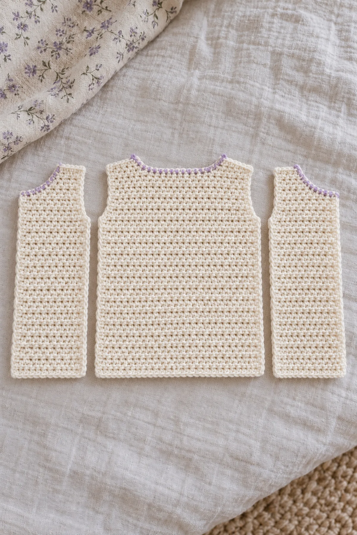 Three separate straight cream hdc cardigan panels, one wider back and two narrower fronts, with marked neckline edges.