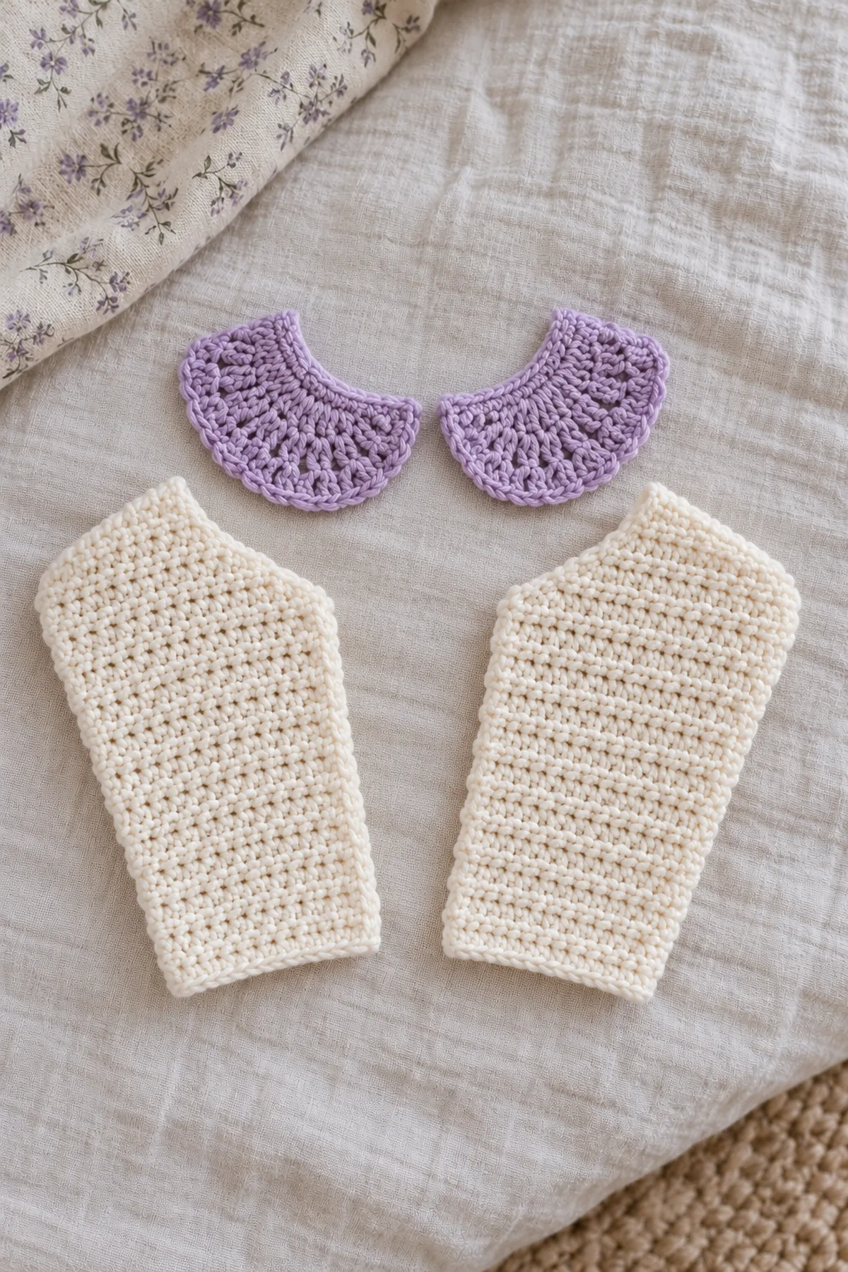 Two separate lavender collar leaves, each a neat fan widening row by row, next to two plain cream sleeve panels; no assembled cardigan.