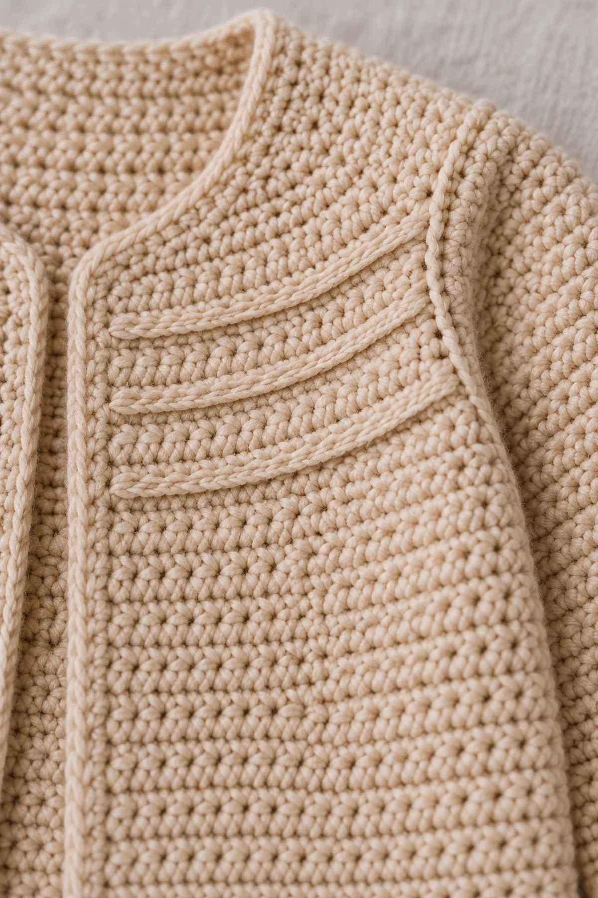 Macro of three low horizontal surface-slip pintuck-style ridges on biscuit crochet bib, fabric not folded or gathered and smooth armhole seam nearby