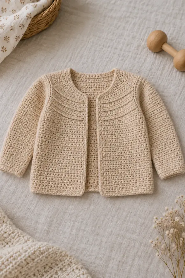 Soft biscuit open-front crochet baby cardigan with broad U-shaped pieced bib and three shallow horizontal raised surface-slip ridges, plain lower body and smooth set-in sleeves