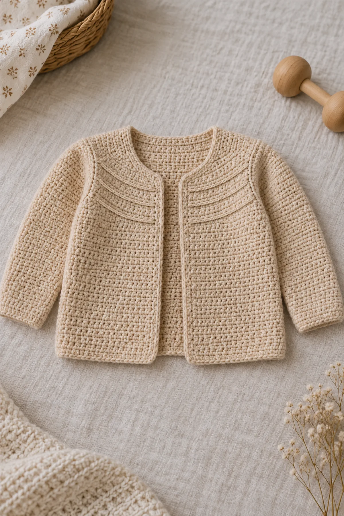 Soft biscuit open-front crochet baby cardigan with broad U-shaped pieced bib and three shallow horizontal raised surface-slip ridges, plain lower body and smooth set-in sleeves