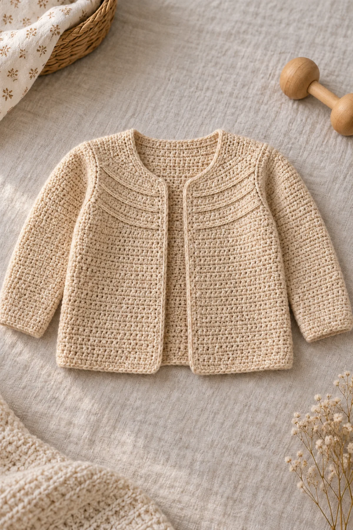 Finished biscuit open-front Pintuck Bib-Yoke baby cardigan laid flat with matching long set-in sleeves and gentle side lighting on the three raised bib ridges, no child
