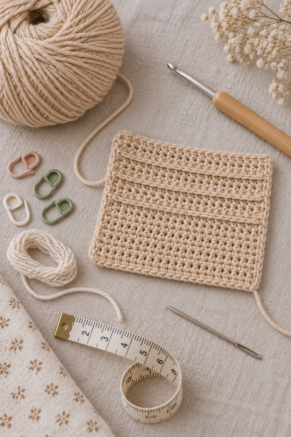 Biscuit DK yarn, 4 mm hook, hdc swatch with loose surface-slip ridges, markers, basting yarn, measuring tape and needle