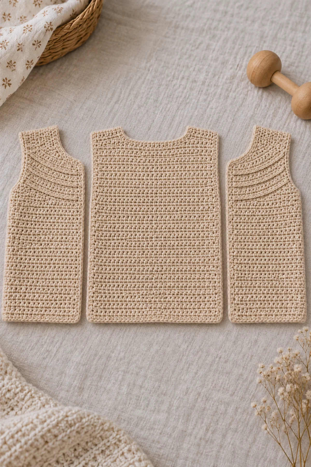 Separate biscuit back and mirrored front cardigan panels with shaped U-neck bibs and shallow surface-slip tracks laid beside each other before shoulder seaming