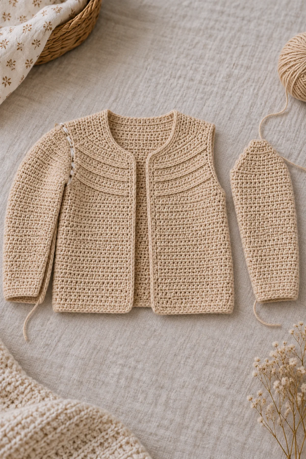 Biscuit pieced baby cardigan body beside two long flat sleeves with tapered six-row caps and twelve-stitch tops, one sleeve cap basted at the shoulder