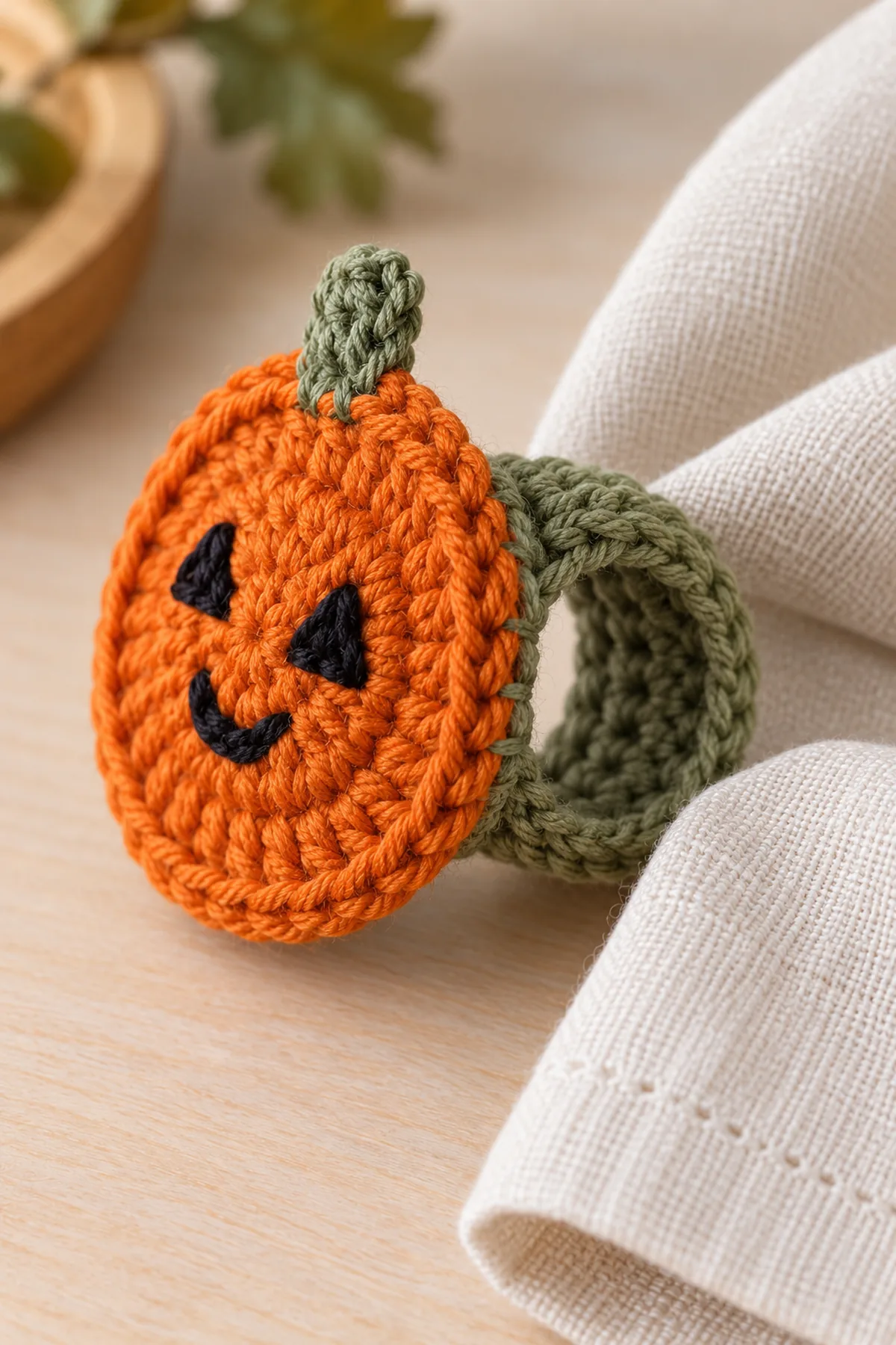 Macro side view of flat orange embroidered pumpkin medallion attached over seam of narrow hollow sage crochet ring, show sewn edge and tiny flat stem, napkin partly withdrawn to reveal ring opening