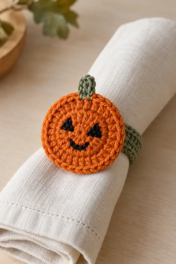 One original crochet napkin ring: flat two-layer circular orange jack-o-lantern medallion about 1.9 inches across, tiny black embroidered triangle eyes and short stitched smile, small flat sage stem, narrow sage single-crochet band forming a hollow ring behind it, rolled ivory linen napkin through the ring. No stuffing, leaf, beads or plastic parts; warm pale tabletop