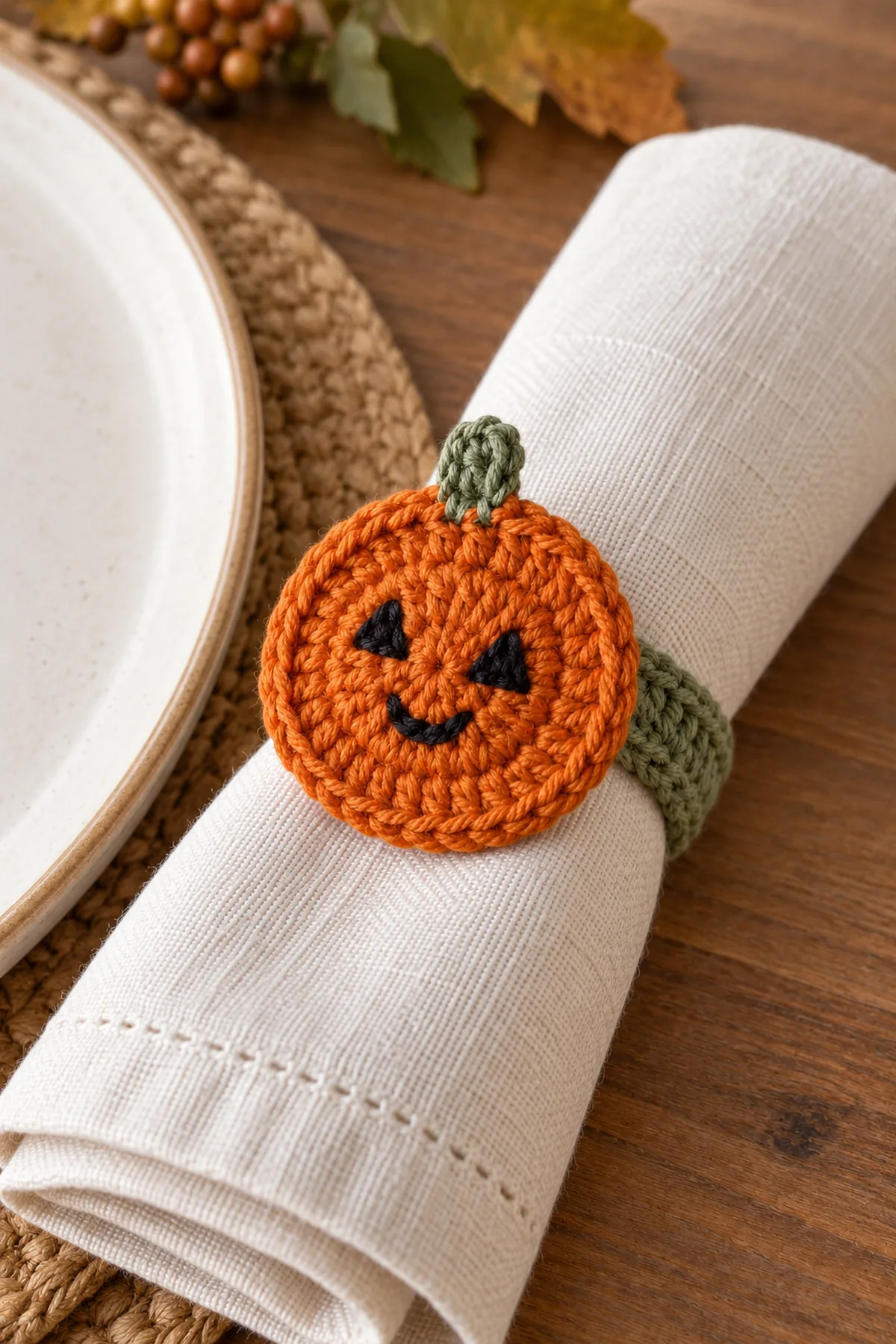 Same flat orange jack-o-lantern medallion napkin ring around an ivory linen napkin beside a plain plate on an uncluttered autumn table; no candles, no hands, sage band visible