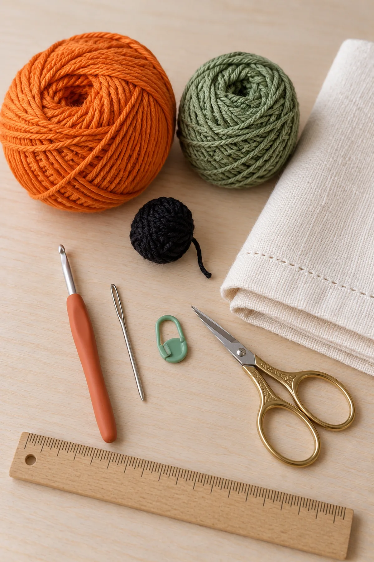 Orange and sage DK cotton, tiny black yarn bundle, 3 mm crochet hook, yarn needle, marker, ruler, scissors and folded ivory napkin laid on pale table; supplies only, no completed ring