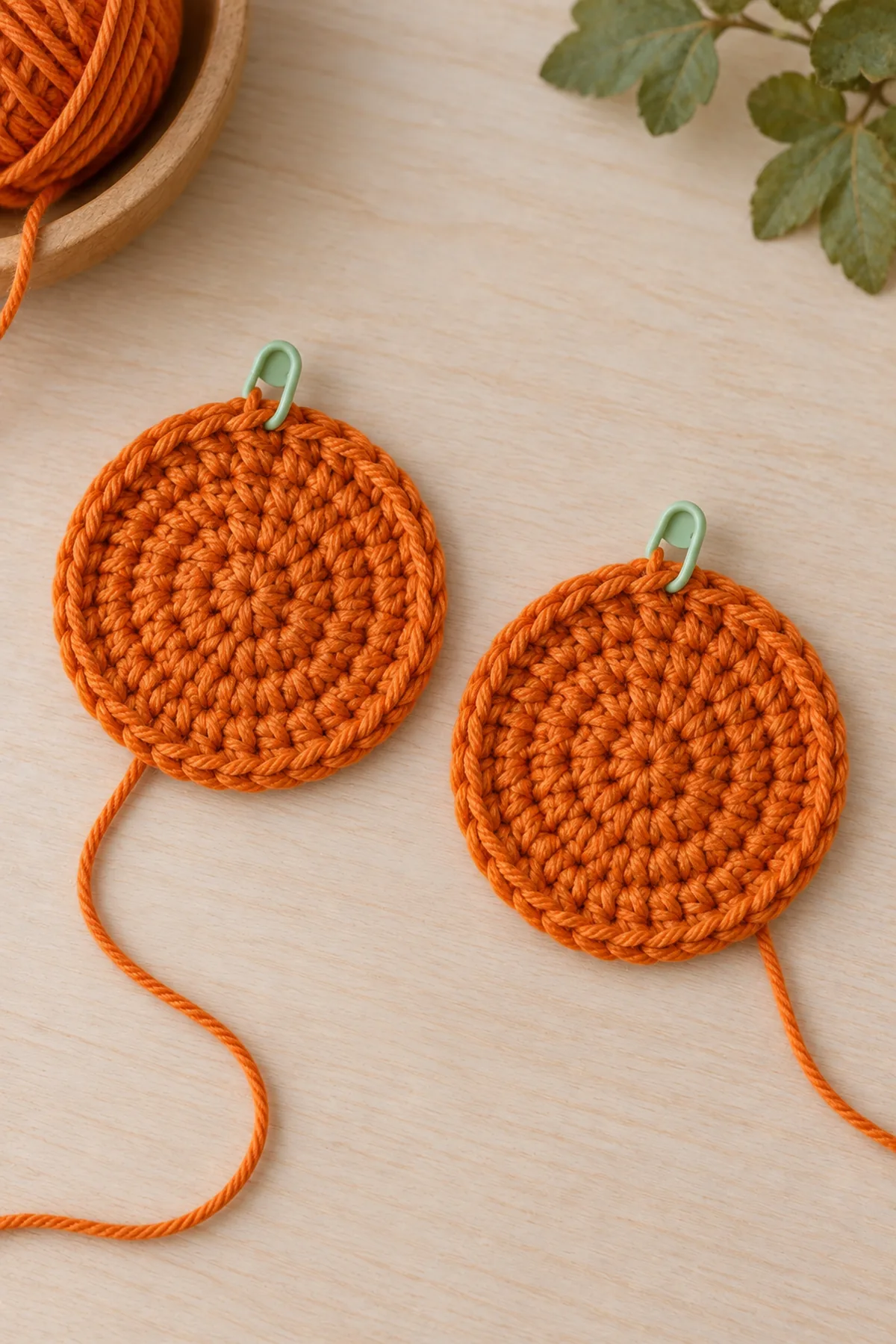 Two separate matching flat orange single-crochet circular discs, six increasing rounds each, one orange working tail, marker at top, no face, no stem, no band yet; overhead pale table