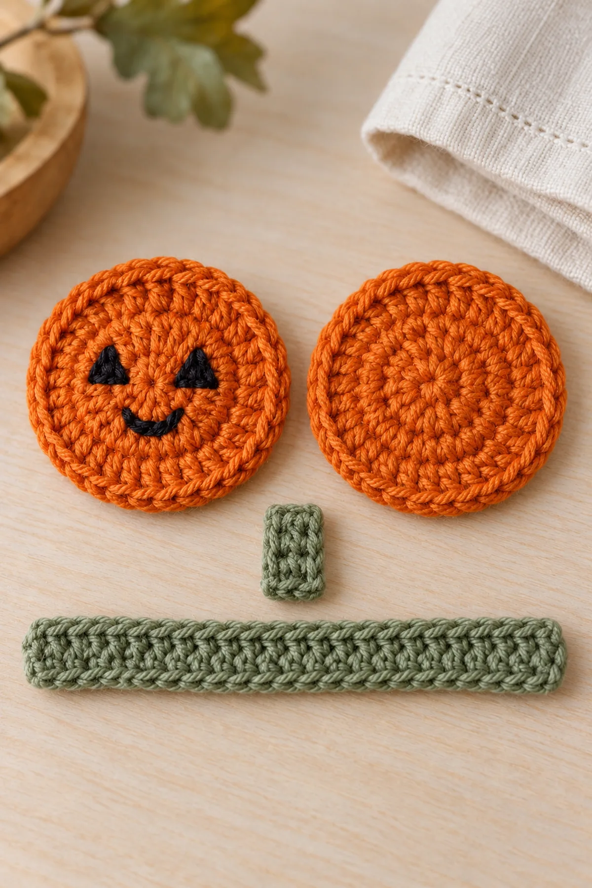 Flat orange front circle with two small embroidered triangle eyes and smile, separate plain orange back circle, small flat sage rectangular stem and long narrow sage five-stitch band laid separately before sewing; no stuffing
