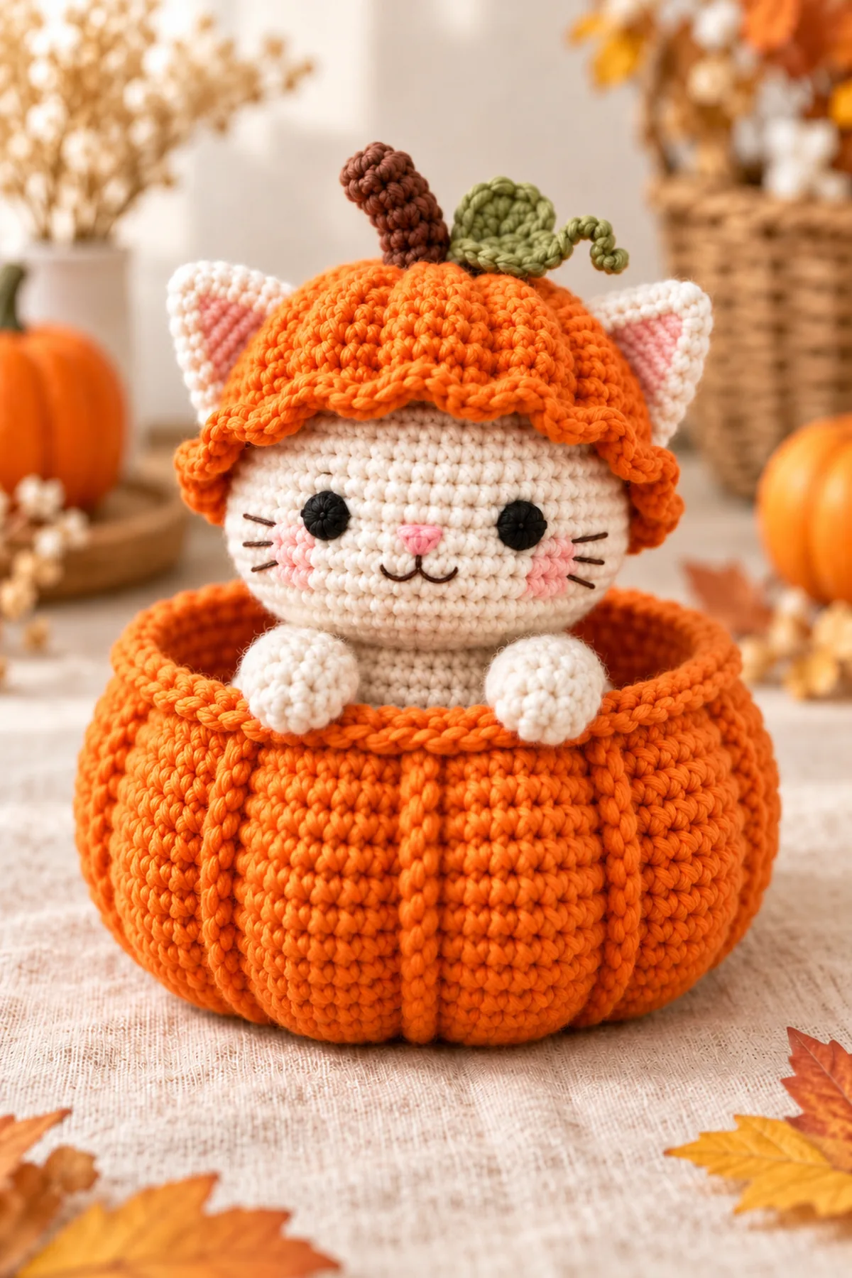 Macro of same cream cat embroidered eyes and pink nose, two paws securely over open pumpkin rim, visible vertical rib overlay and scalloped bonnet behind ears.