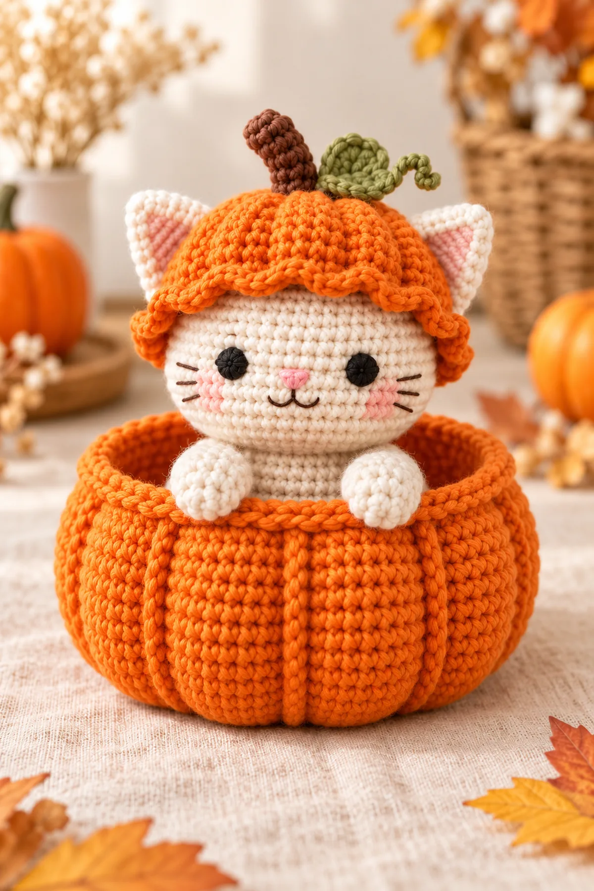 Finished cream cat with embroidered face and triangular ears peeking from open vertically ribbed orange crochet pumpkin bowl, cream paws over rim, separate orange scalloped bonnet with brown stem and olive leaf; no text.