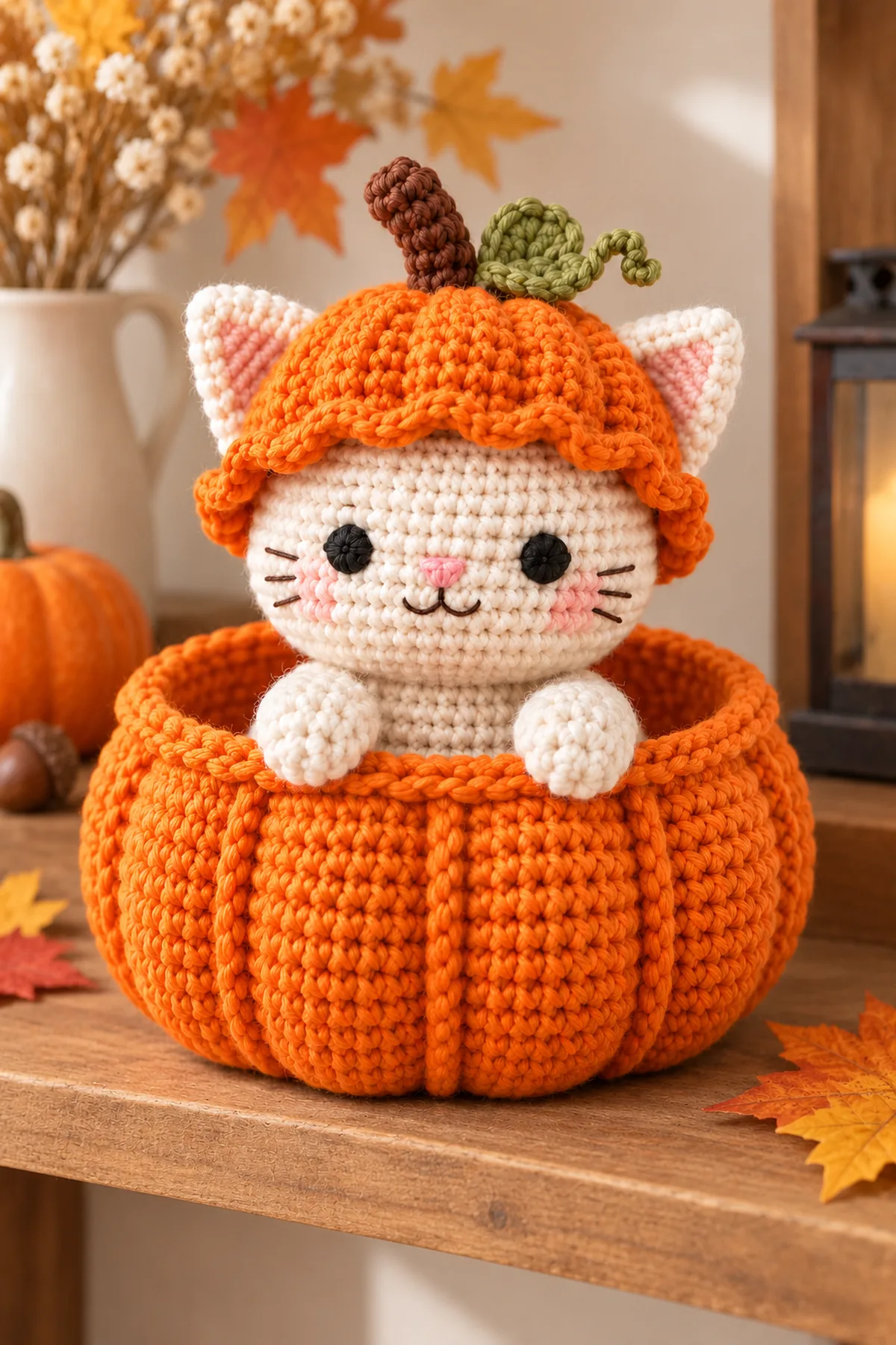 Same finished cream pumpkin-peekaboo cat as an autumn shelf decoration with soft daylight and a few leaves; open orange bowl and separate bonnet clearly visible, no text.