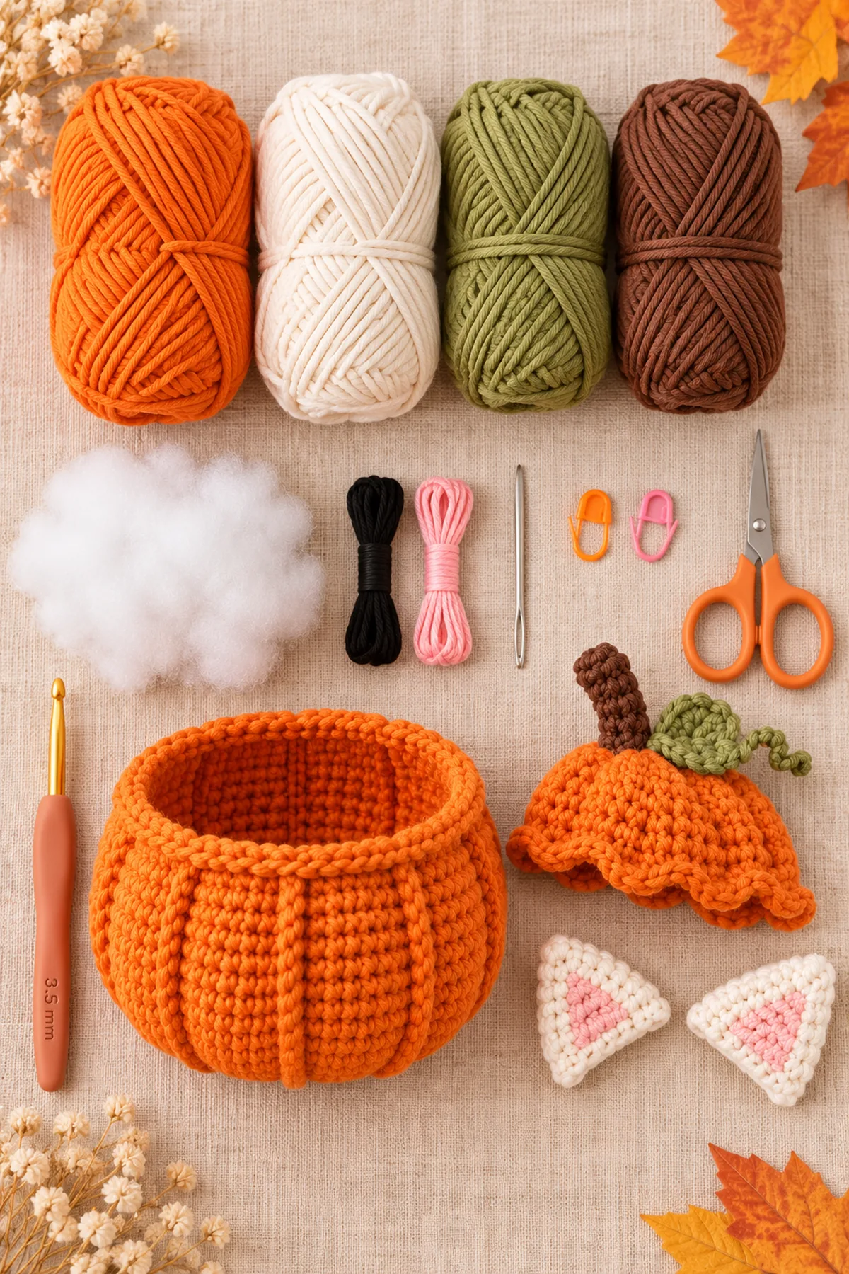 Supplies-only flat lay: orange, cream, olive and brown cotton yarn, 3.5 mm hook, stuffing, black and pink embroidery thread, needle and markers; no completed cat.