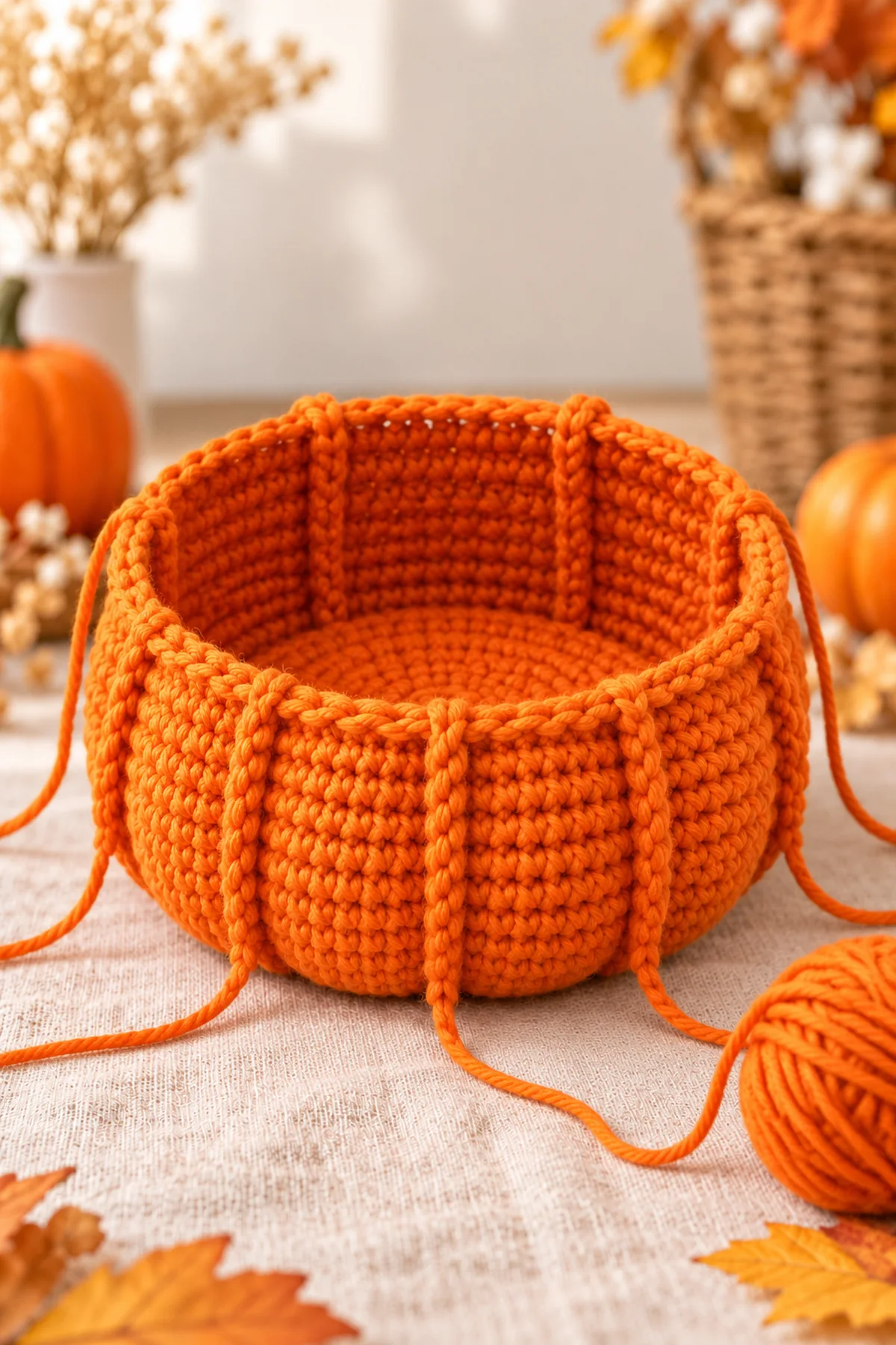 Open orange crochet pumpkin bowl showing flat circular base, BLO wall turn, 42-stitch rim and unfinished vertical surface ribs; no cat inside.