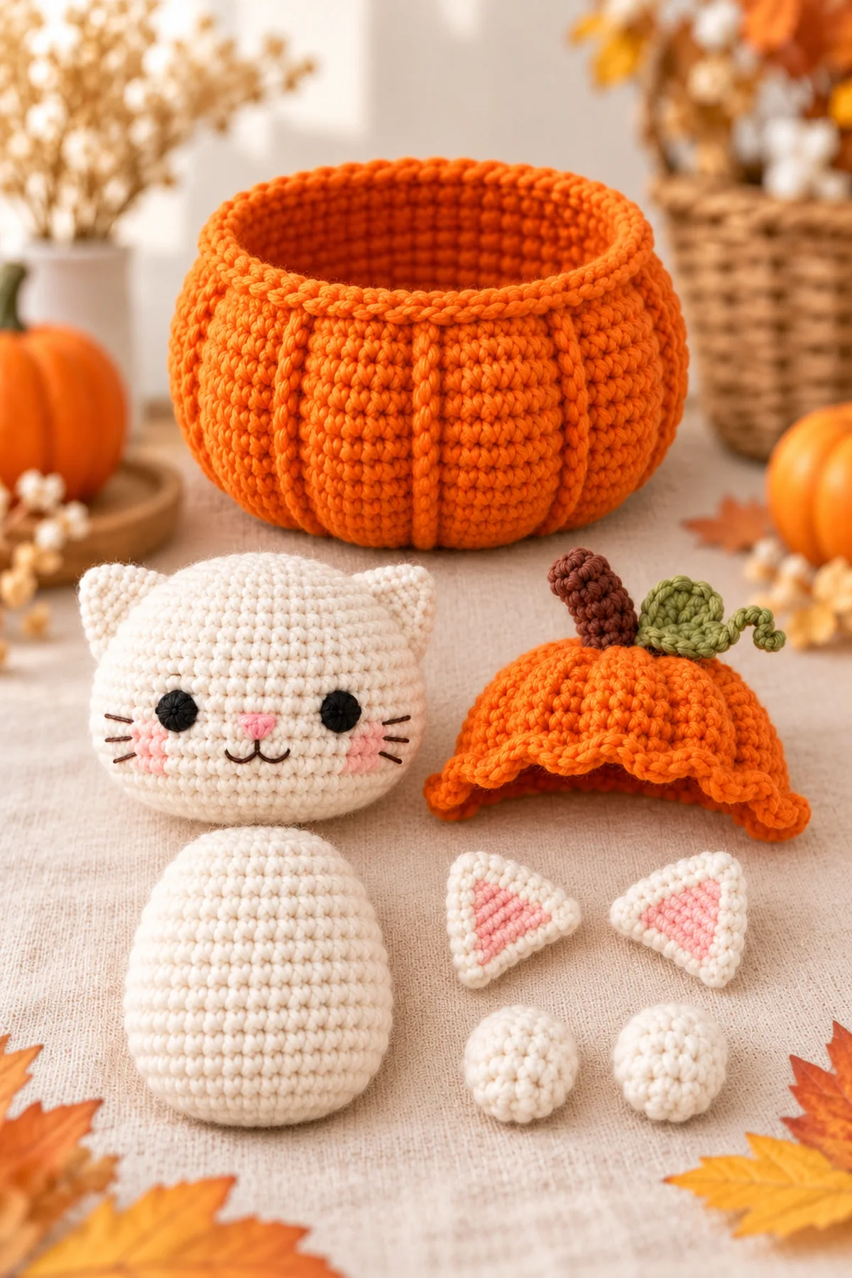 Cream cat head, body, two triangular ears and two paws beside separate open ribbed orange pumpkin bowl and orange scalloped bonnet with stem and leaf, before assembly.