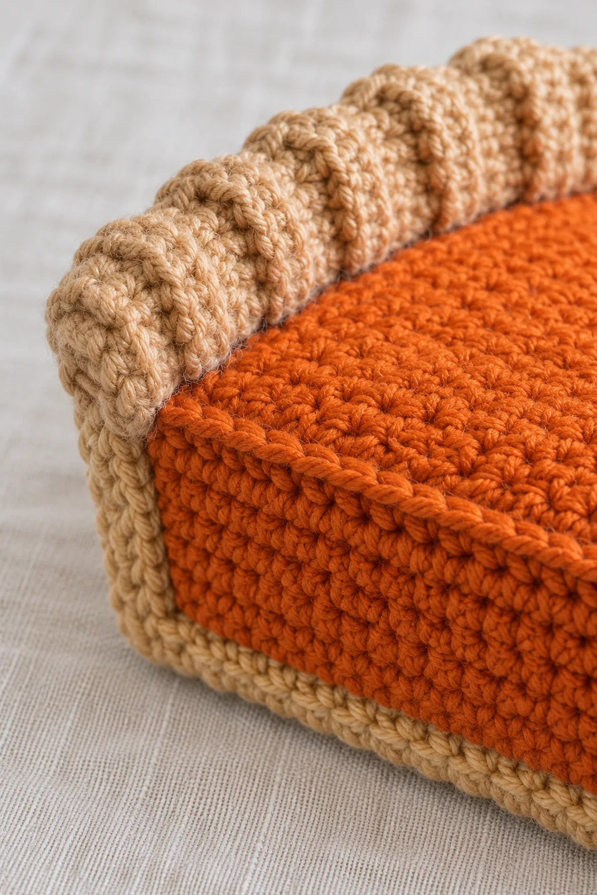 Macro view of crochet pie slice back corner showing doubled golden-tan ribbed upright crust sewn to rear edge of flat orange triangular top, neat single-crochet gusset and reinforced corner seam, no topping