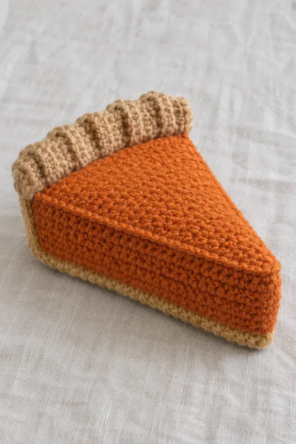 Original handmade crochet pumpkin pie slice decorative cushion, one triangular three-dimensional wedge with broad pumpkin-orange flat triangular top, orange side walls about two and a half inches high, golden-tan bottom and rear wall, a one-inch upright doubled ribbed tan crust along the wide rear edge, no whipped cream, no face, no toppings, three-quarter product view on pale linen