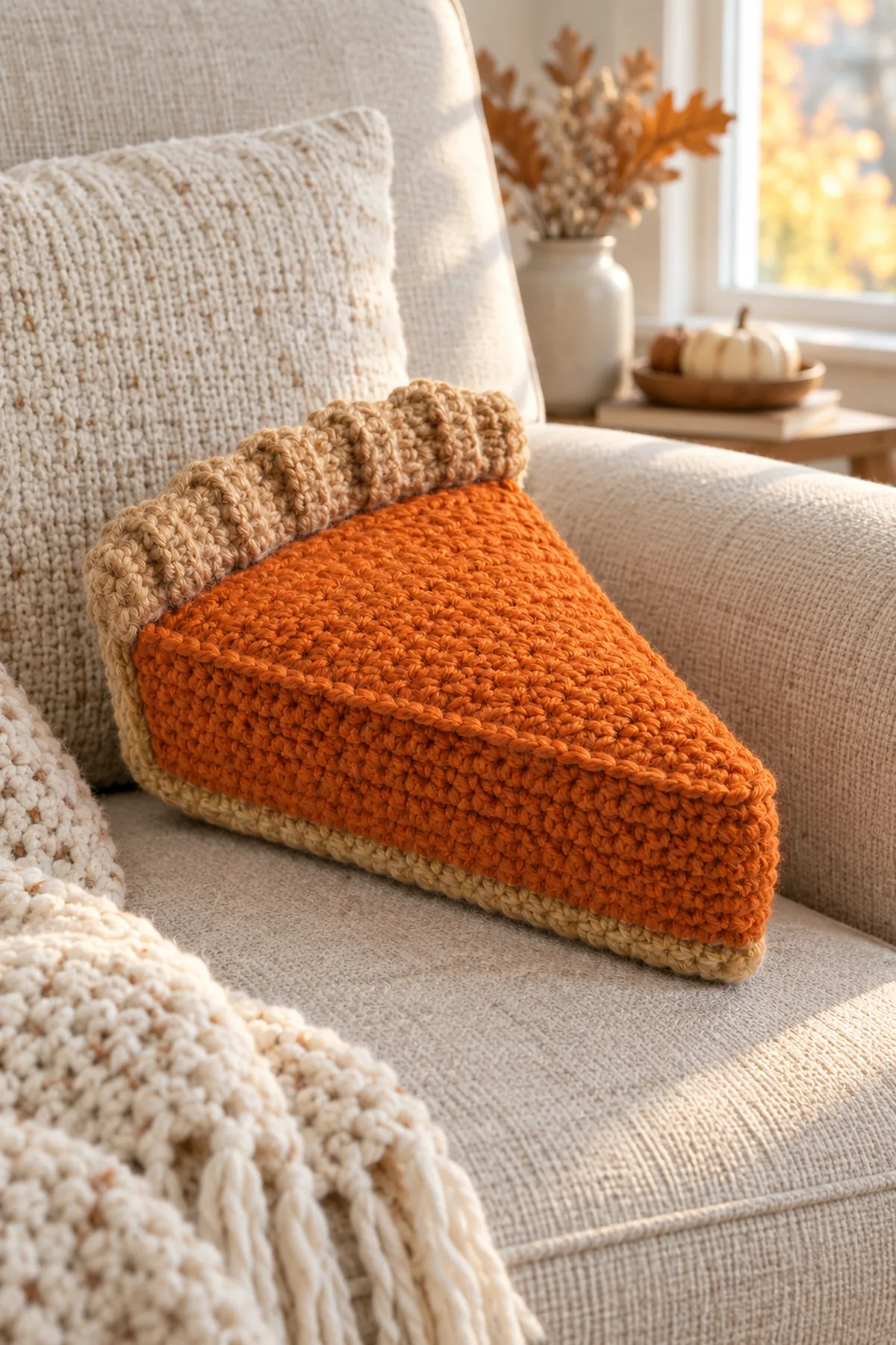 One small crochet pumpkin-pie wedge cushion resting on a neutral adult living-room armchair, orange triangular face, orange sides, golden-tan bottom and raised tan crust visible in autumn window light, no food or nursery setting