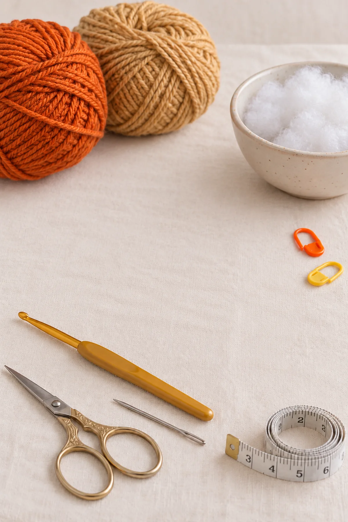 Pumpkin-orange and golden-tan worsted yarn, 4 mm hook, locking stitch markers, blunt needle, scissors, measuring tape and small bowl of white polyester stuffing on cream worktable, no food