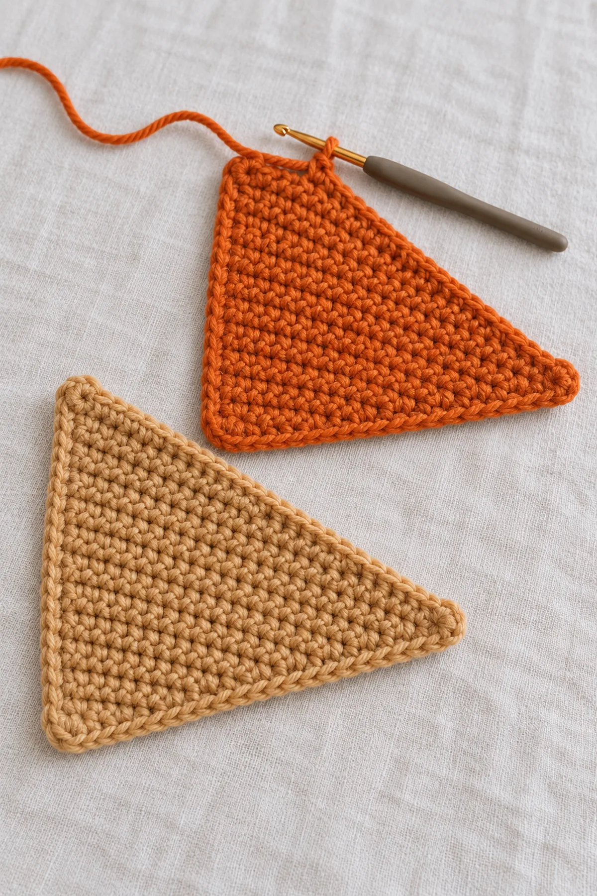 Two matching flat single-crochet triangular panels, one pumpkin orange and one golden tan, each wide at one end and narrow at the tip, visible counted edge border with three corner markers, orange panel attached to working yarn and hook, not sewn and not stuffed