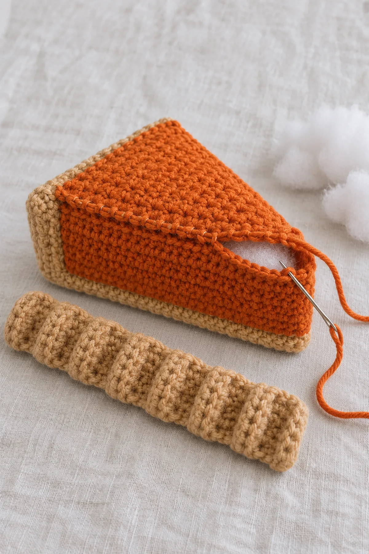 Unfinished crochet pie wedge assembly: tan triangular base sewn to low gusset with orange side walls and tan rear, orange triangular upper face partly sewn with small side opening and loose white stuffing nearby, tan ribbed crust strip still separate and flat, needle at seam