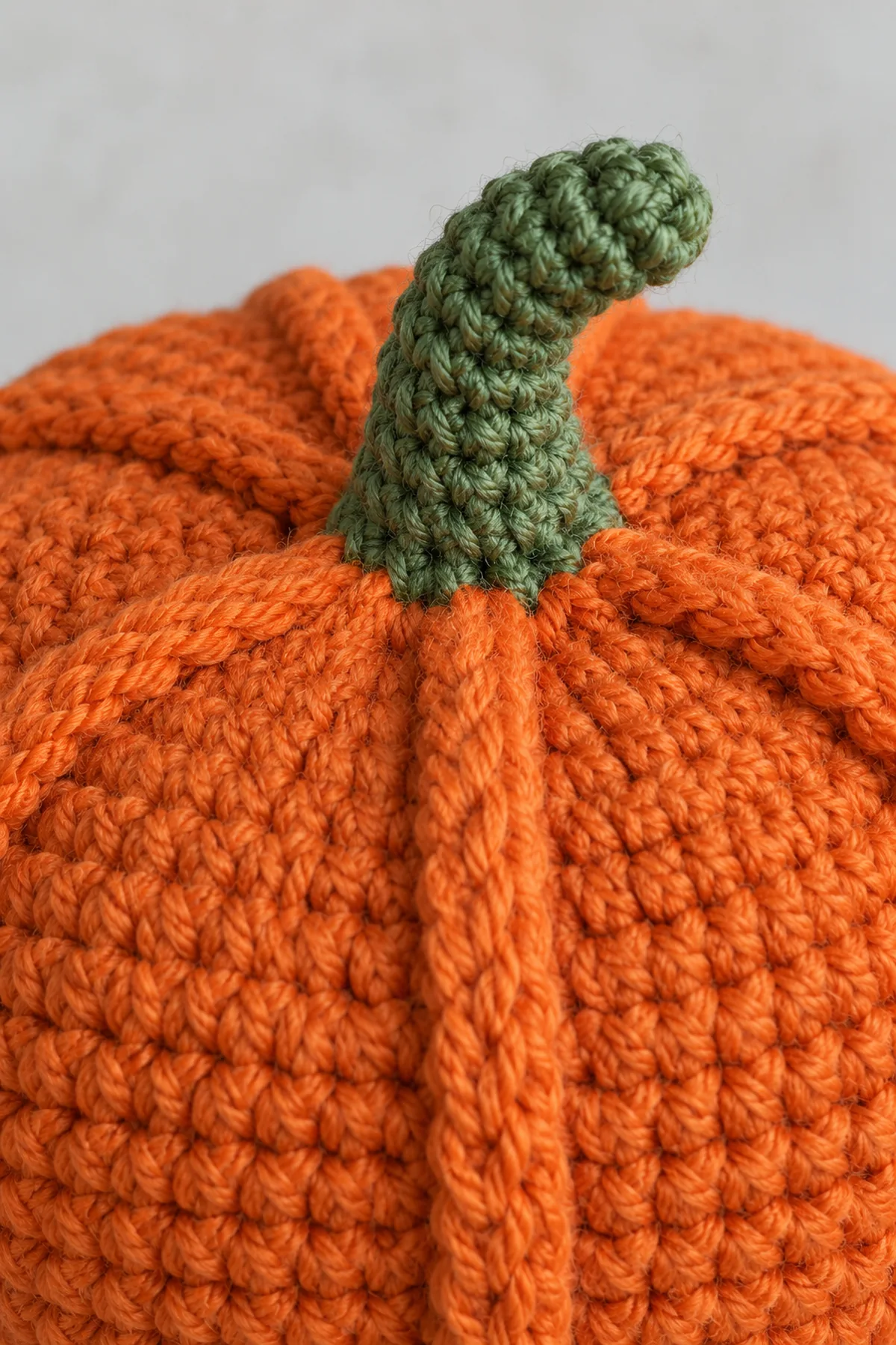 Macro of orange six-rib crown center where short green crocheted stem grows directly from six picked loops, no sewn or glued piece