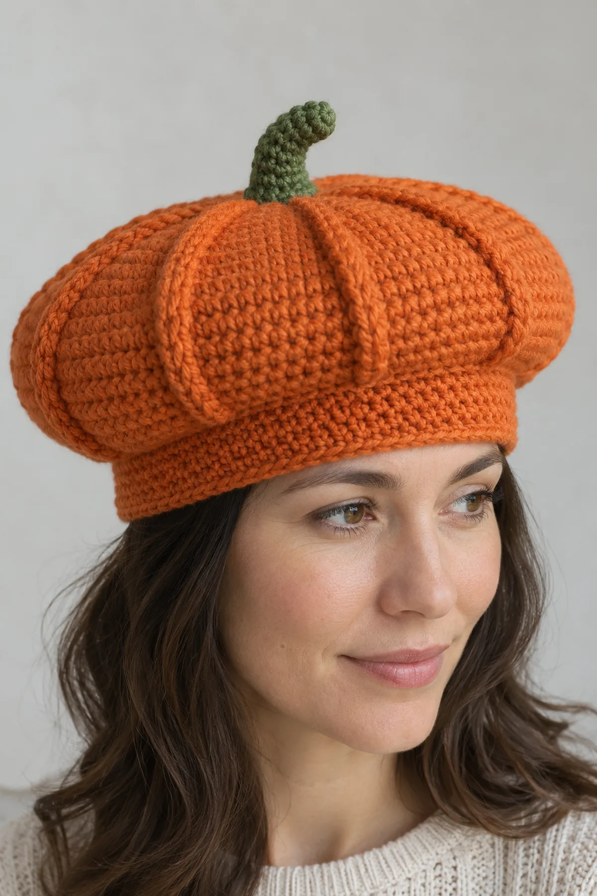 Original adult orange crochet pumpkin-stem beret on a plain adult head form, broad flattened circular crown, six subtle radial raised rib panels, short flexible green stem growing from center and neat separate fitted orange band, no jack-o-lantern face