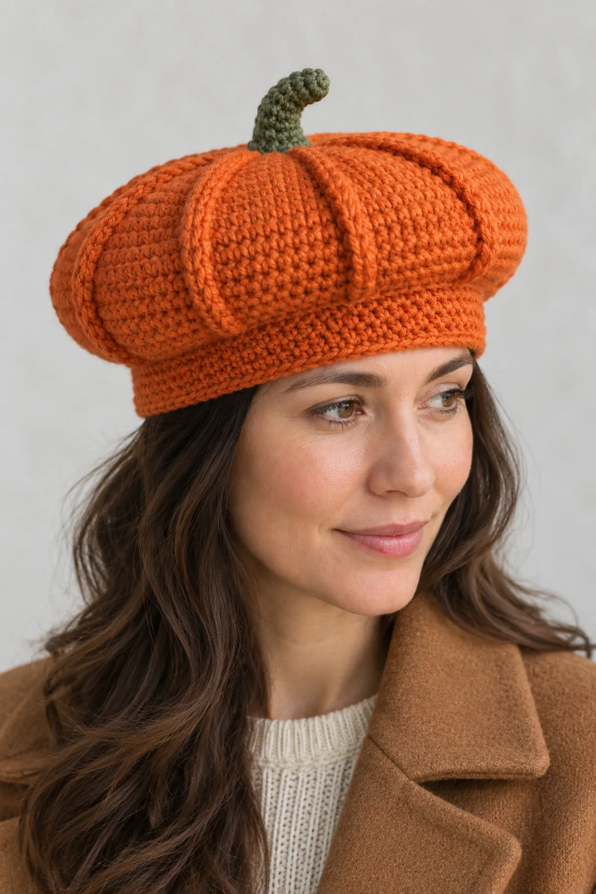 Adult wearing original orange crochet pumpkin-stem beret with flattened crown and short integral green stem, plain autumn coat and natural daylight, no face motifs