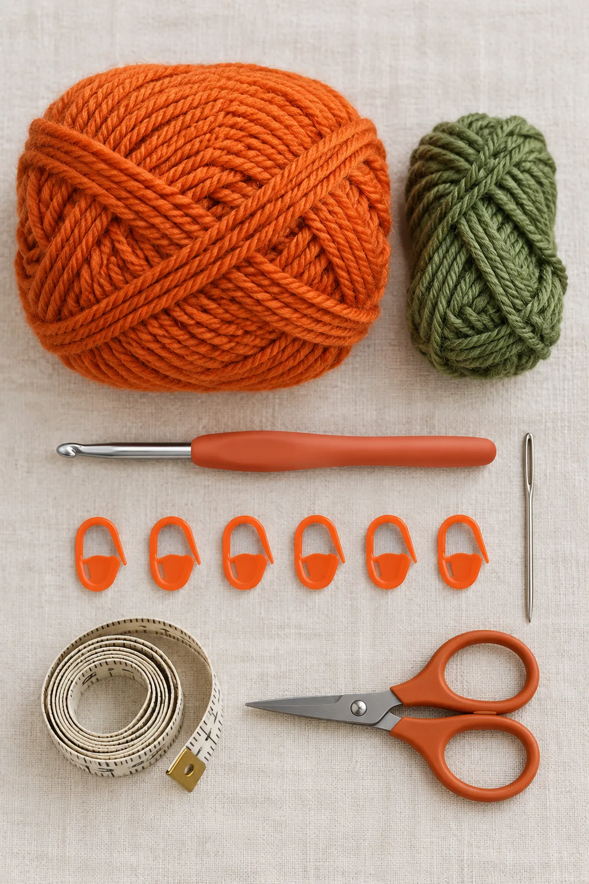 Orange and green worsted yarn, 4.5 mm hook, six markers, needle, tape and scissors on pale linen