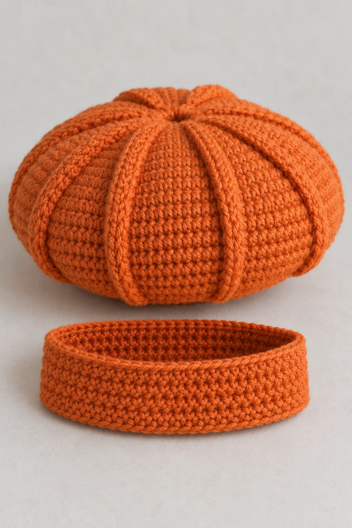 Finished broad orange beret crown with decreased opening next to separate orange crocheted fitted band before attachment, no green stem yet