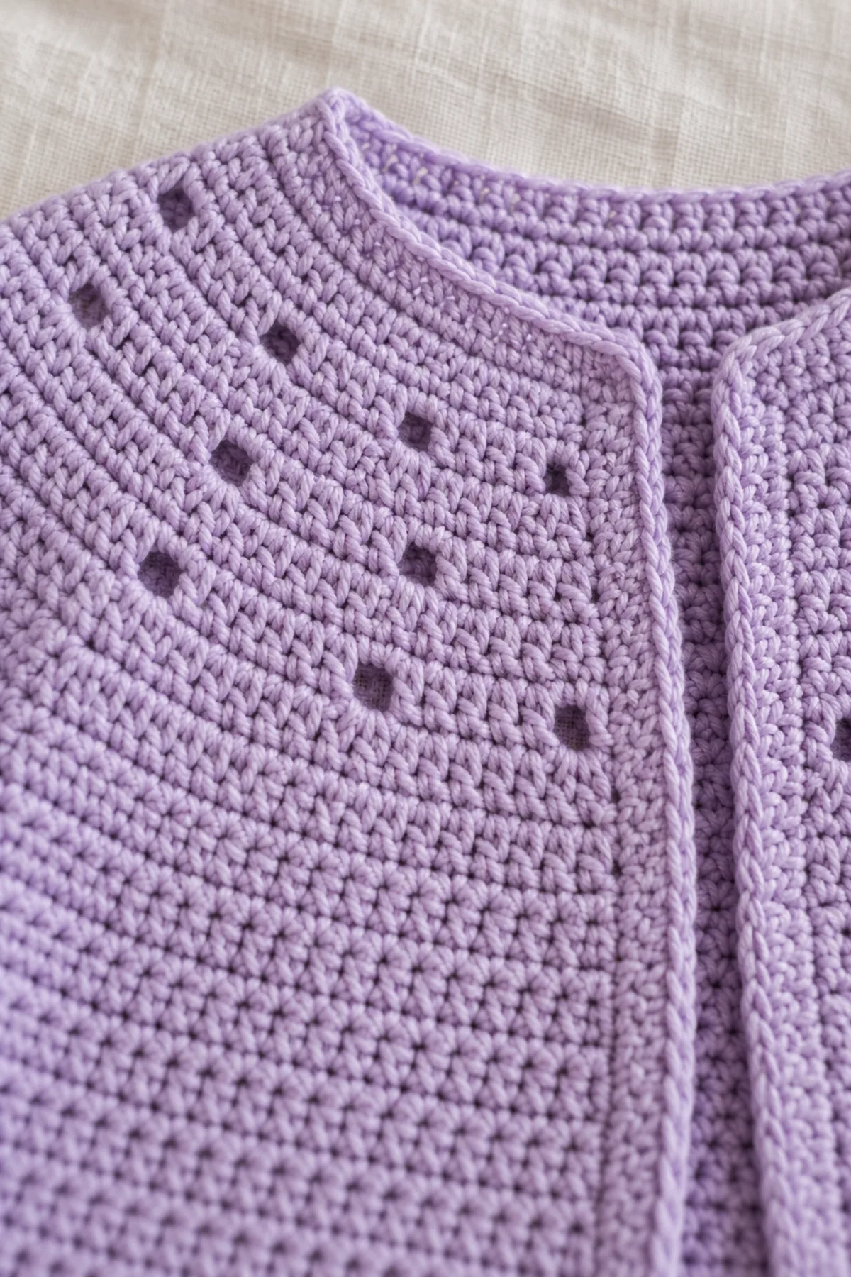 Macro photograph of small staggered single-chain eyelets in a lavender crochet yoke beside dense solid hdc fabric
