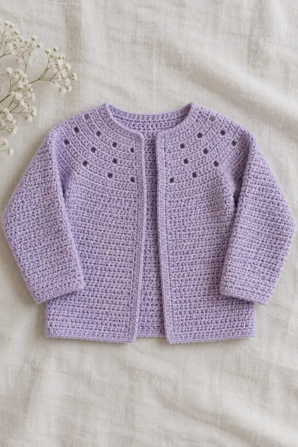 Lavender open-front long-sleeve baby cardigan with shallow oval yoke and three sparse staggered rows of tiny raindrop eyelets, opaque plain body