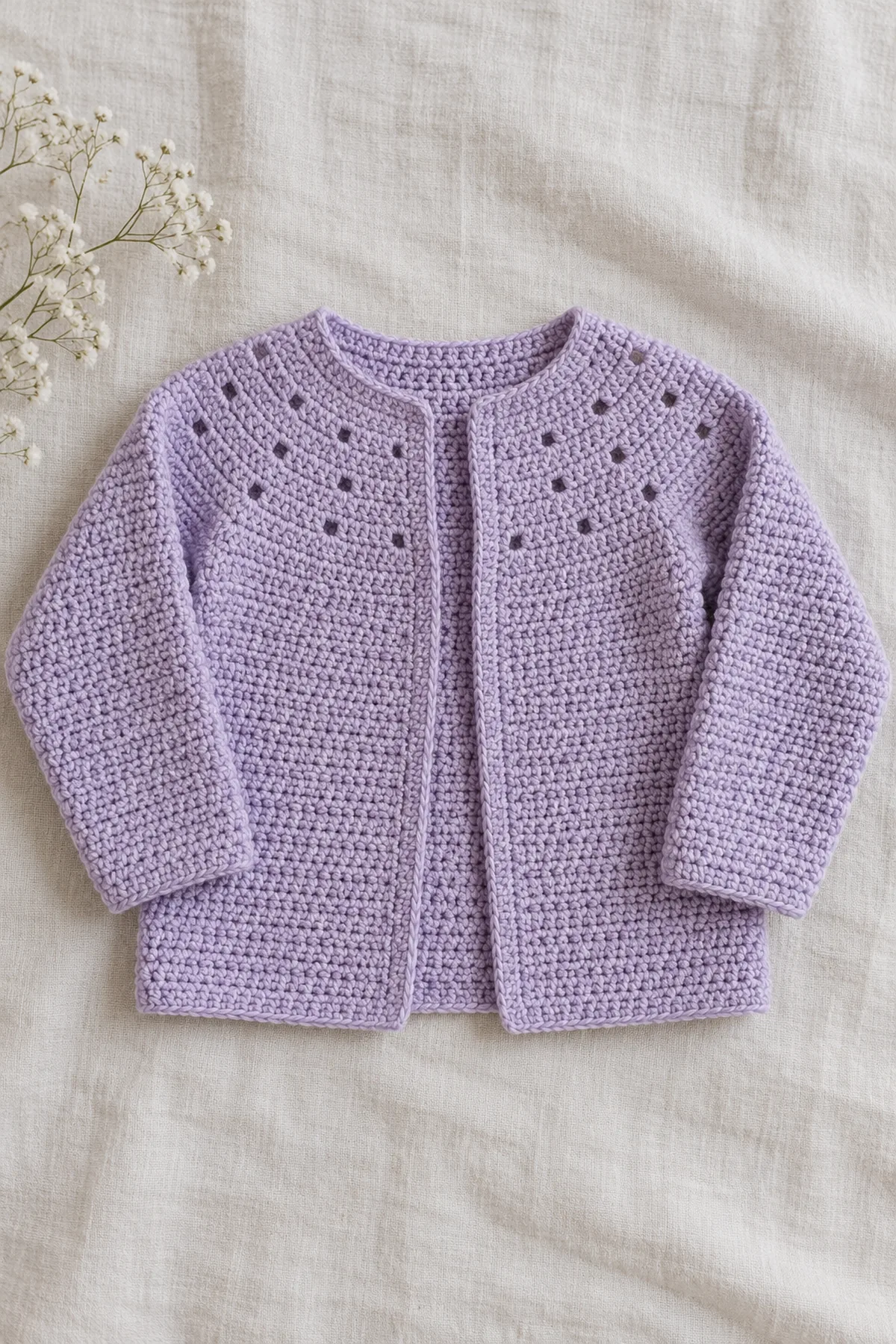 Lavender open-front long-sleeve baby cardigan with shallow oval yoke and three sparse staggered rows of tiny raindrop eyelets, opaque plain body