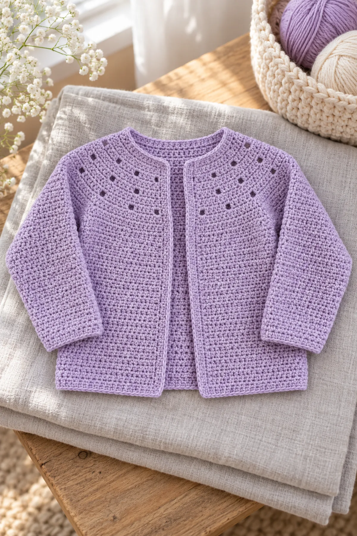 Finished lavender Raindrop Eyelet-Yoke baby cardigan arranged flat with long solid sleeves and open front on pale linen, no child