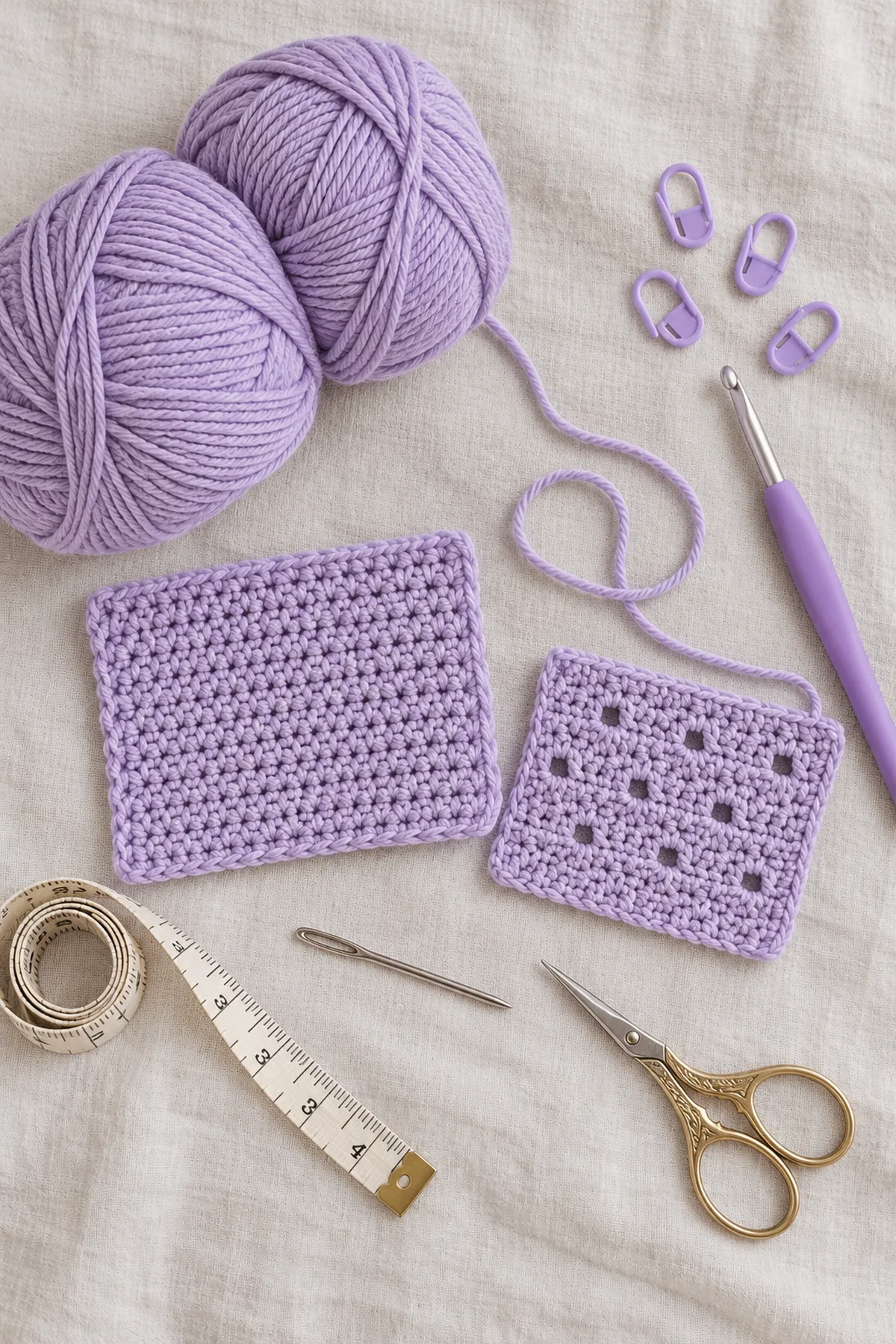 Lavender DK yarn, 4 mm hook, small plain and tiny-eyelet swatches, section markers, tape measure and yarn needle