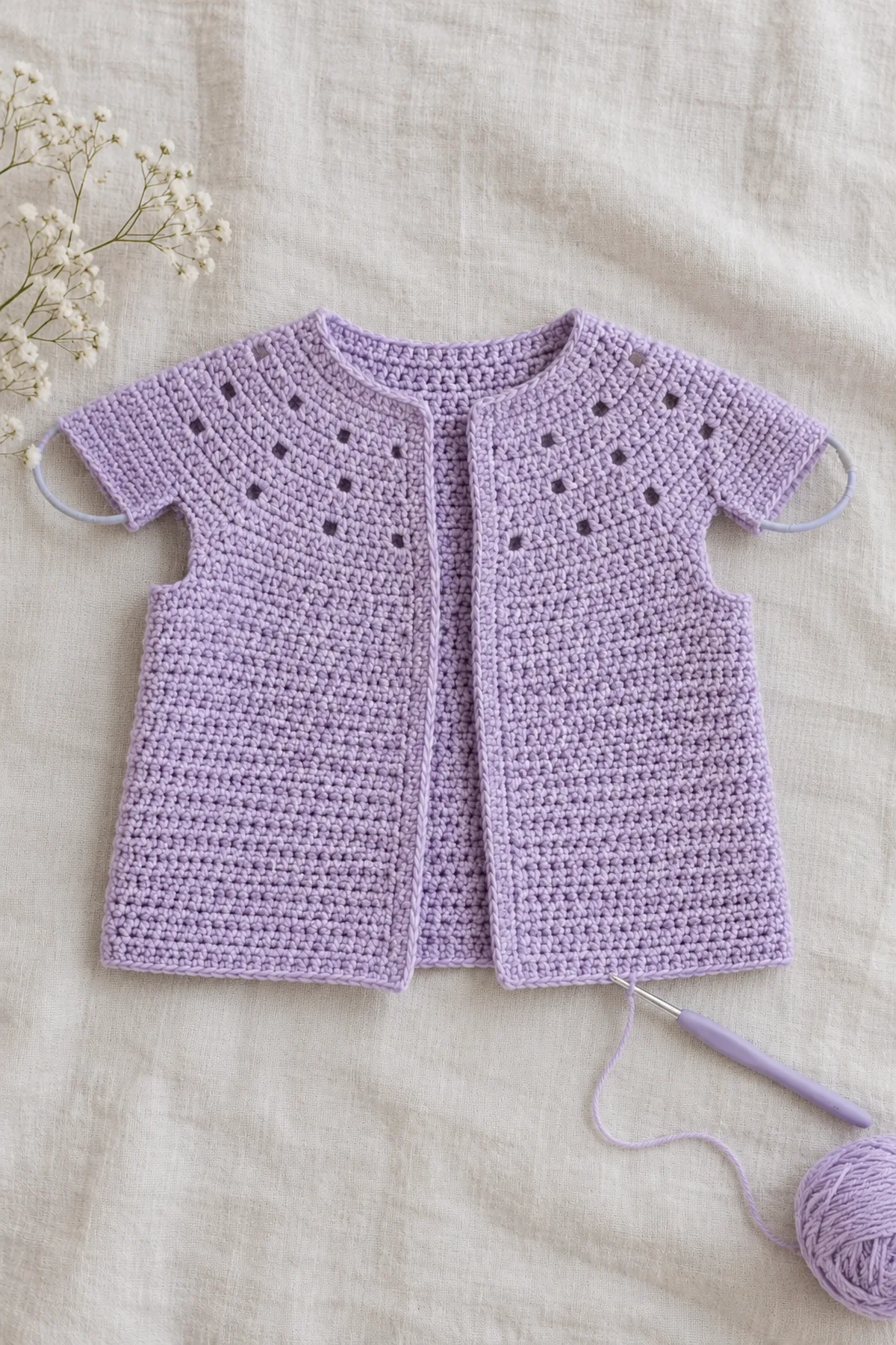 Lavender cardigan with completed eyelet yoke, both sleeves held and a partly crocheted opaque solid body beneath two underarm bridges