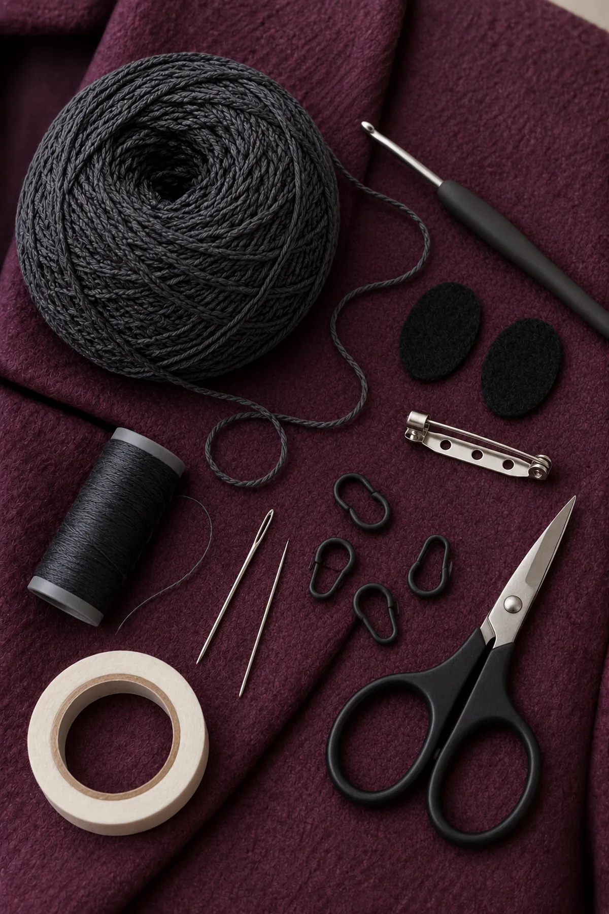 Fine charcoal cotton thread,2mm hook, two small black felt ovals, one closed locking brooch pin bar with sewing holes, sewing thread, needles, markers, scissors and tape on plum cloth. Supplies only no feather blades