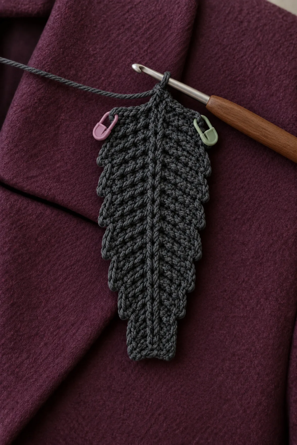 One unfinished flat charcoal crochet feather blade base, seven-stitch-wide short strip expanding from three stitches, hook and two edge markers, no raised rib, no finished point, no hardware