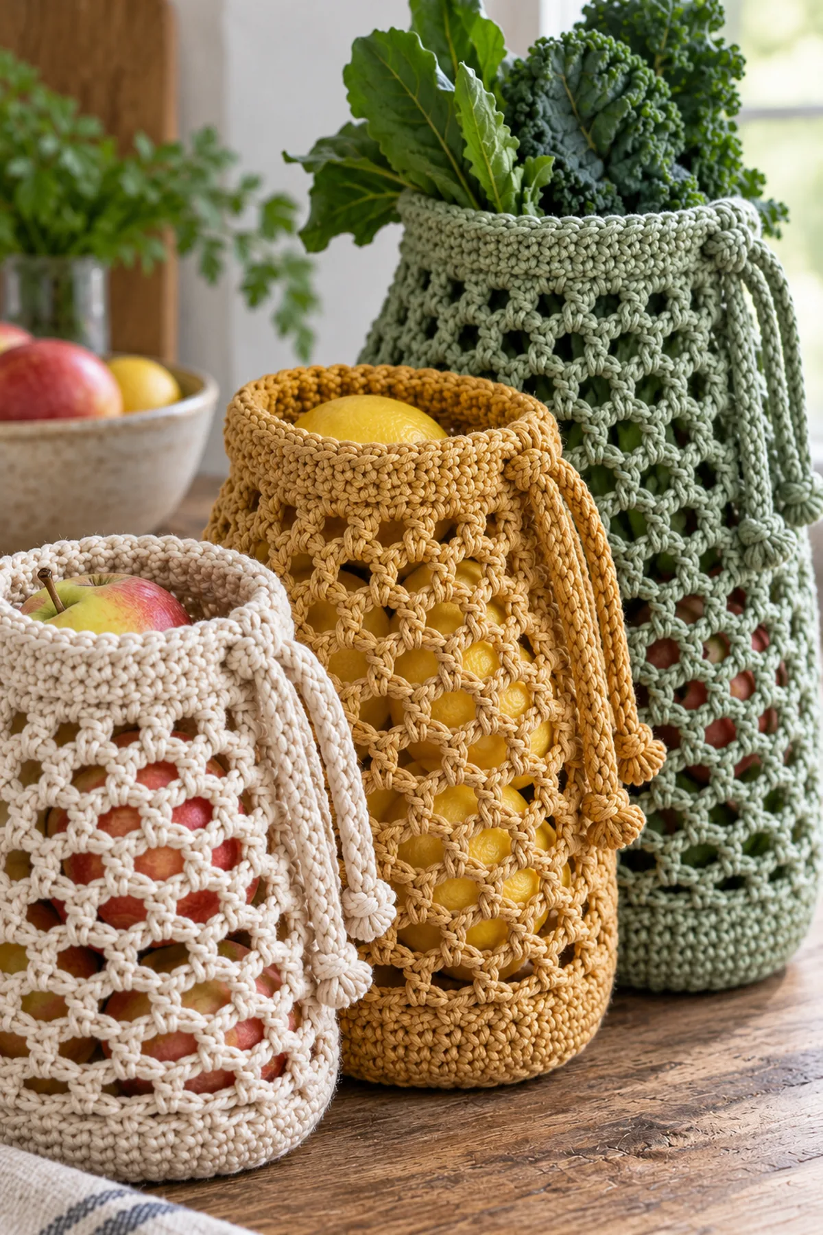 Close view of folded top crochet drawstring channel with four-stitch threading gap and slip-stitched yarn cord on produce sack