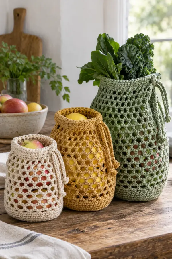 Original graduated trio of washable cotton crochet open-mesh produce sacks, small medium large with closed oval bases and folded yarn drawstring tops, holding apples lemons and leafy greens