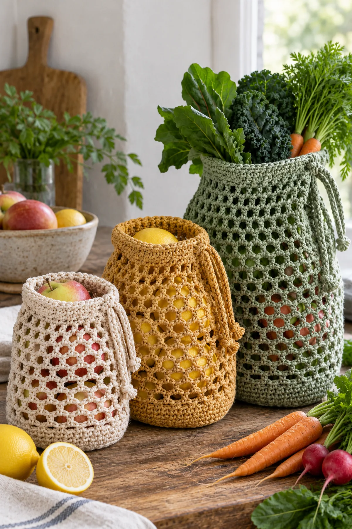 Completed trio of reusable cotton crochet mesh produce bags in graduated sizes beside farmers market produce, no shoulder straps or plastic toggles