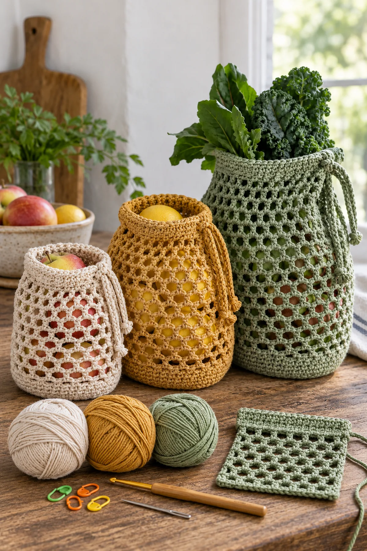 Three colors of sport cotton yarn, crochet hook, markers, yarn needle, folded drawstring-channel swatch and three graduated crochet mesh produce sacks