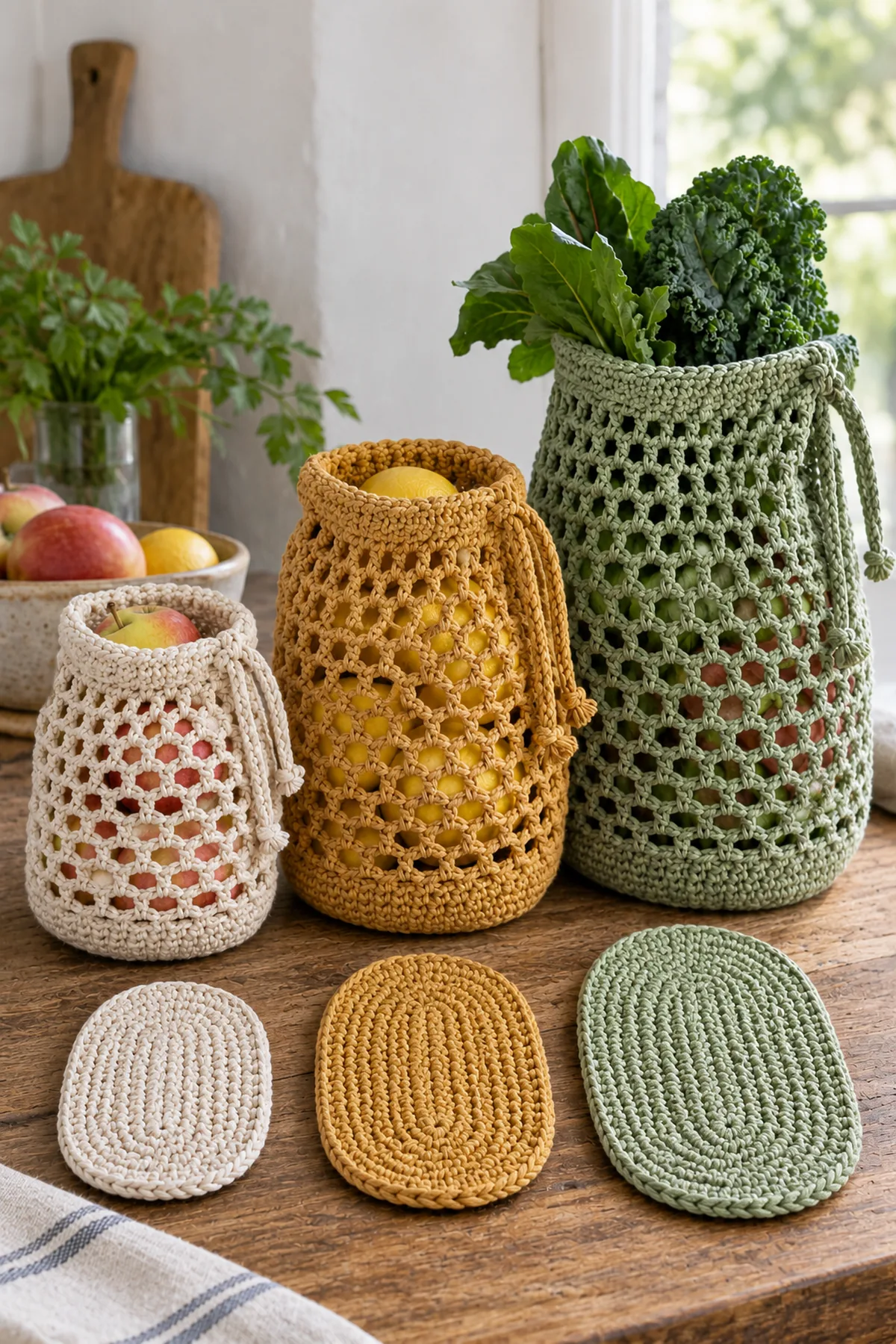 Three flat closed oval cotton crochet produce-bag bases in small medium and large sizes with marked rounded end corners